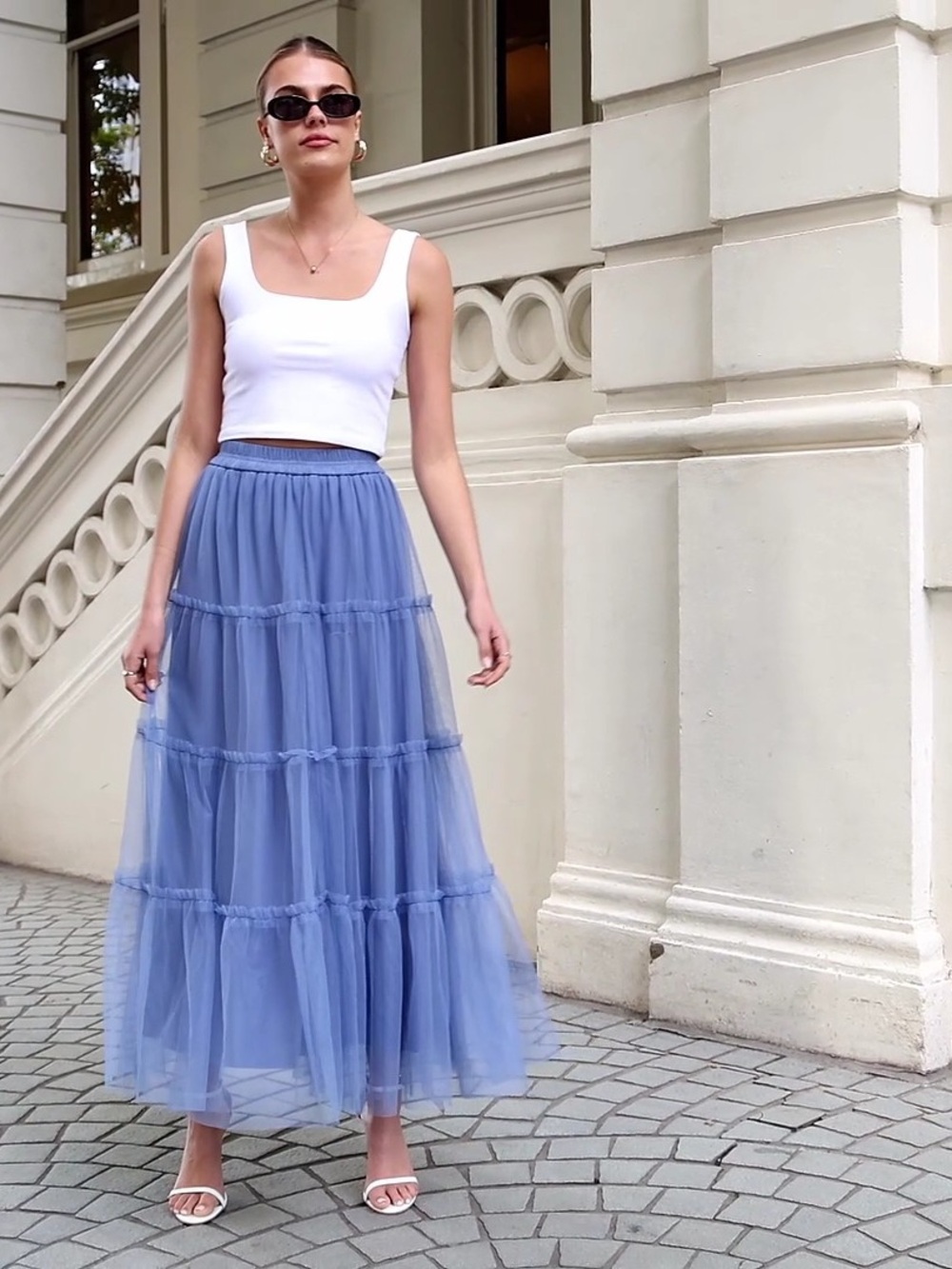 Pretty Garden | Blue Tulle High Waisted Fairy Tiered Flowy Maxi Skirt